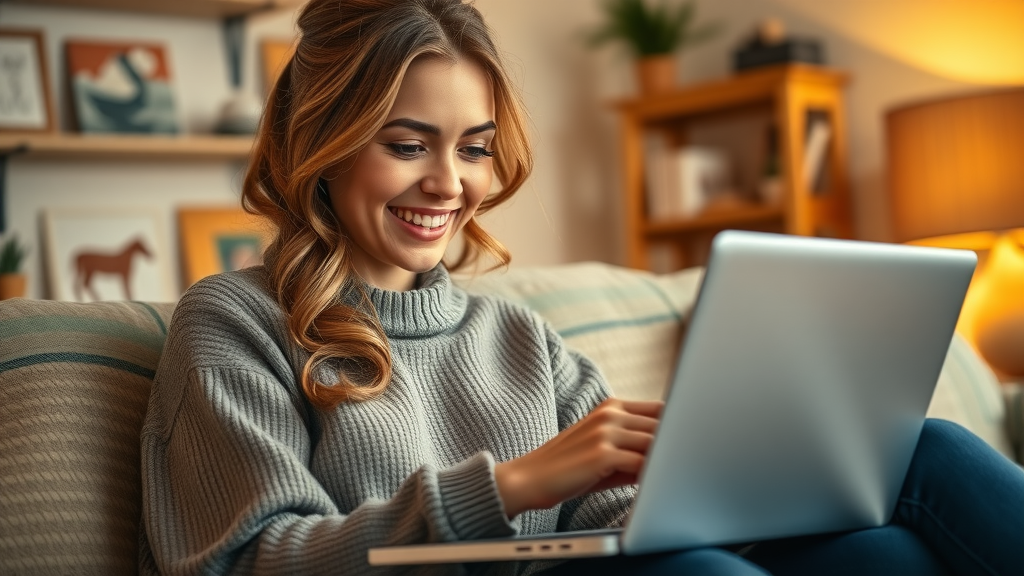 cheerful woman shopping on her laptop, personalized experience, customer engagement techniques