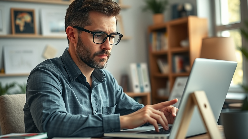 Small business owner analyzing keyword research tools in home office for local seo