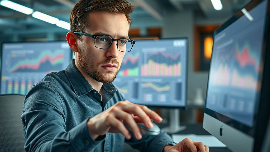 Marketing analyst selecting and deselecting keyword groups for PPC ad campaigns in an urban office