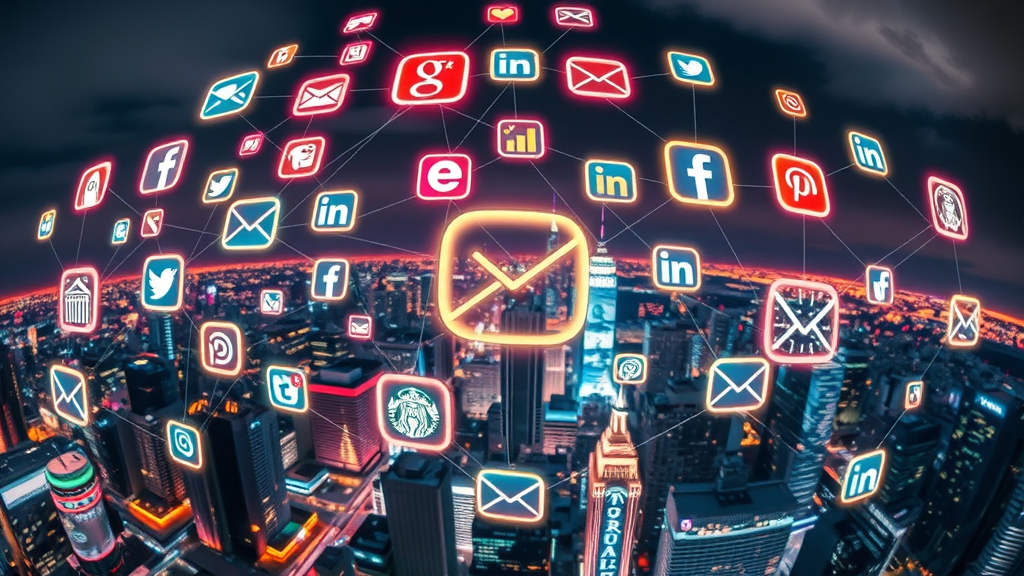 social media icons interconnected with email marketing campaigns - neon glowing lines on cityscape