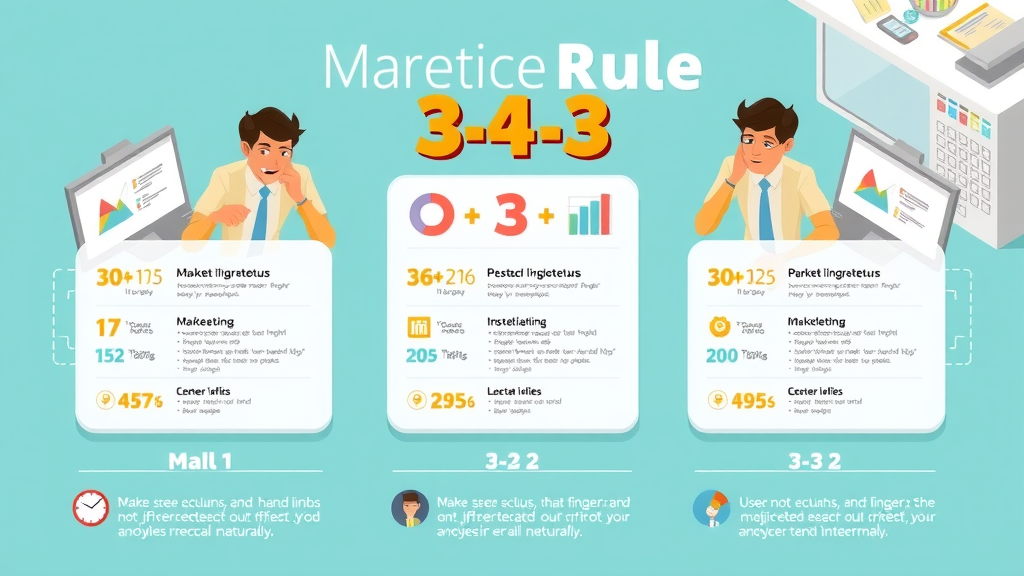 Creative infographic illustration visualizing the 3-3-3 rule in marketing with columns of strategy in modern workspace