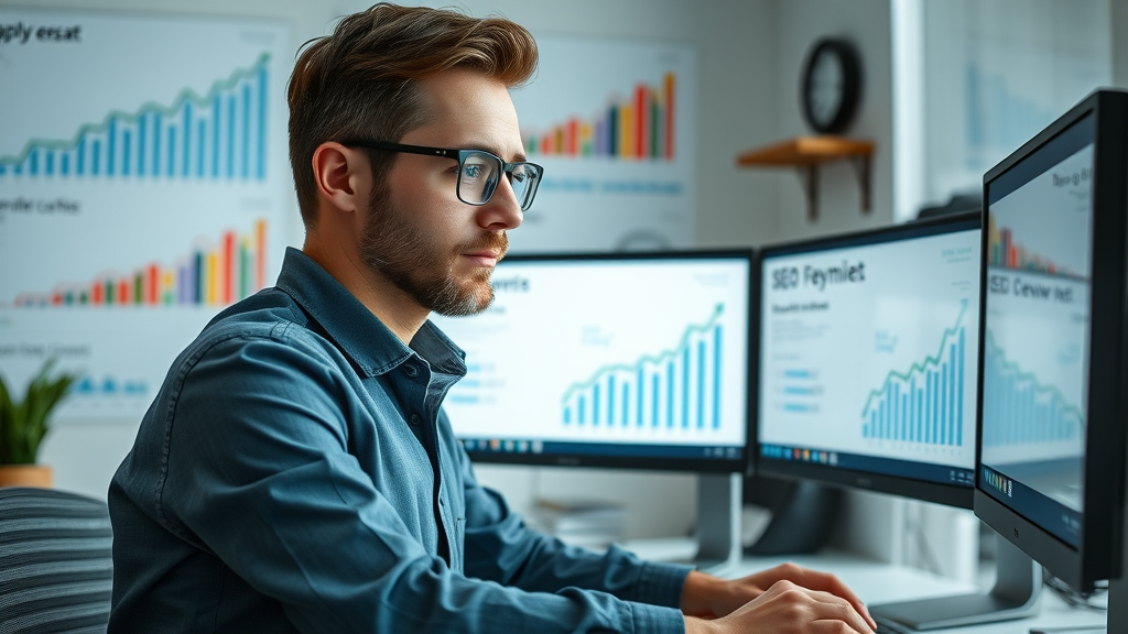 seo specialist using affordable seo tools to study keyword reports and growth charts on computer