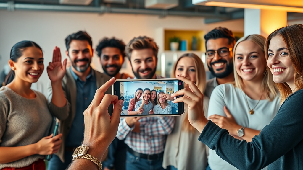 Diverse marketing team filming a live social media broadcast in a vibrant office space