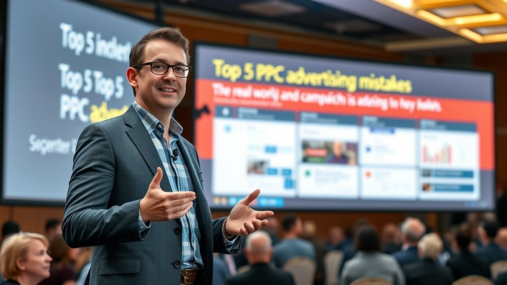 Expert presenter beside a screen displaying the top 5 PPC advertising mistakes with real-world campaign screenshots