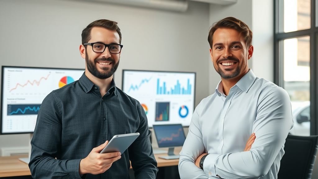 dynamic graph showing the growth of small business sales attributed to digital marketing adoption, business owners looking satisfied, photorealistic, modern office setting, screens showing analytics