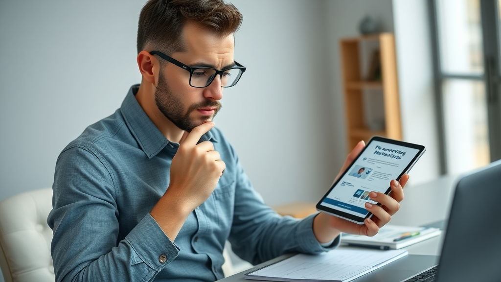 methodical marketer comparing affordable marketing tool features on tablet and notepad