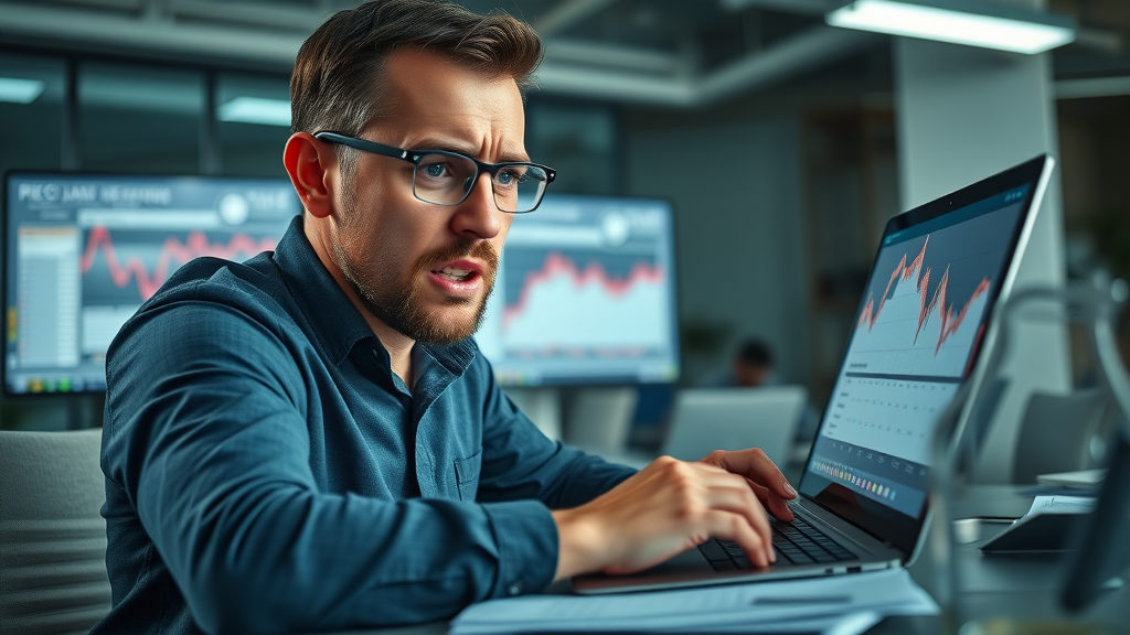 Frustrated digital marketer reviewing pay-per-click advertising campaign data with red downward-trending graphs in a modern office