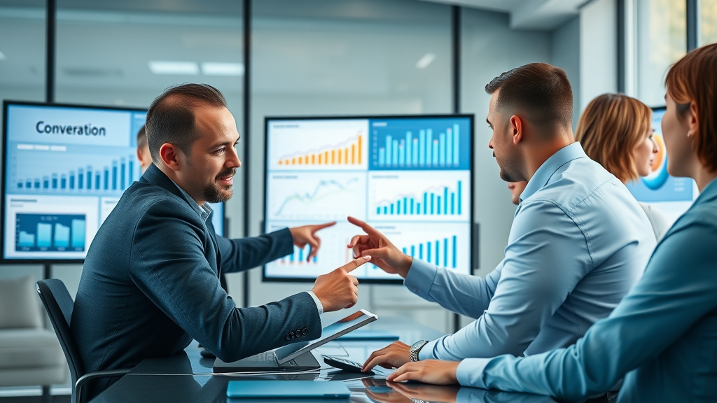 Business team analyzing Google Analytics and Search Console dashboards for small business SEO success