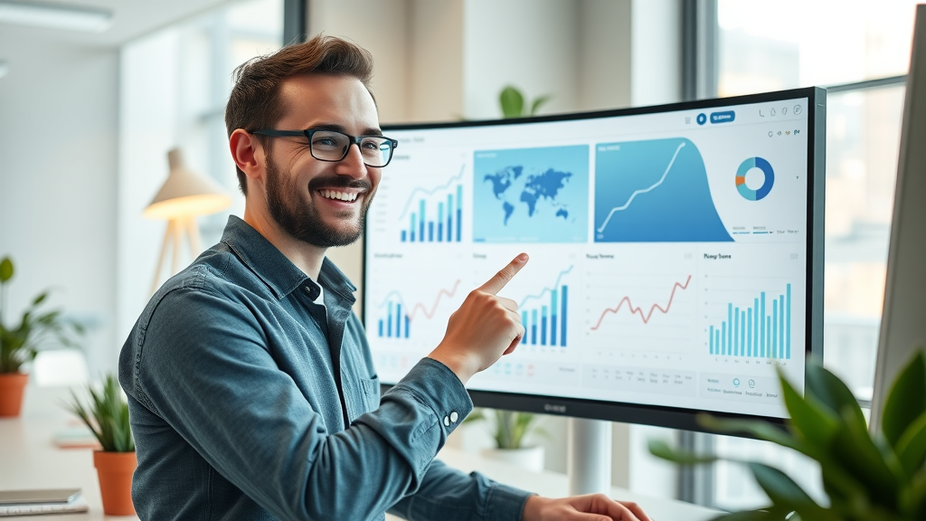 happy small business marketer reviewing digital analytics dashboard, upward-trending graphs, modern workspace, animated data charts
