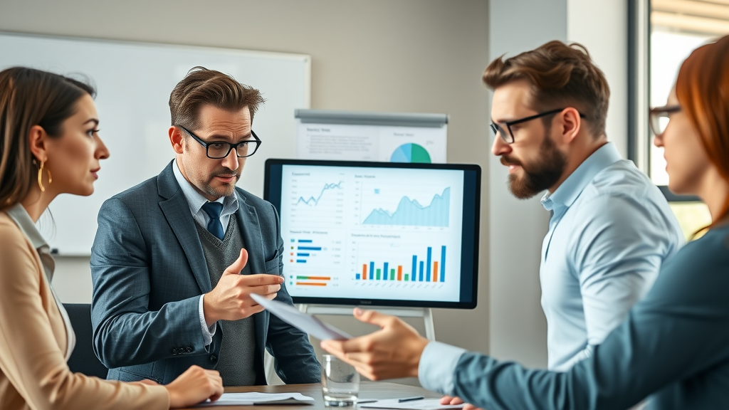 Engaged business professionals analyzing advertising spend and cost per click charts in a contemporary meeting room