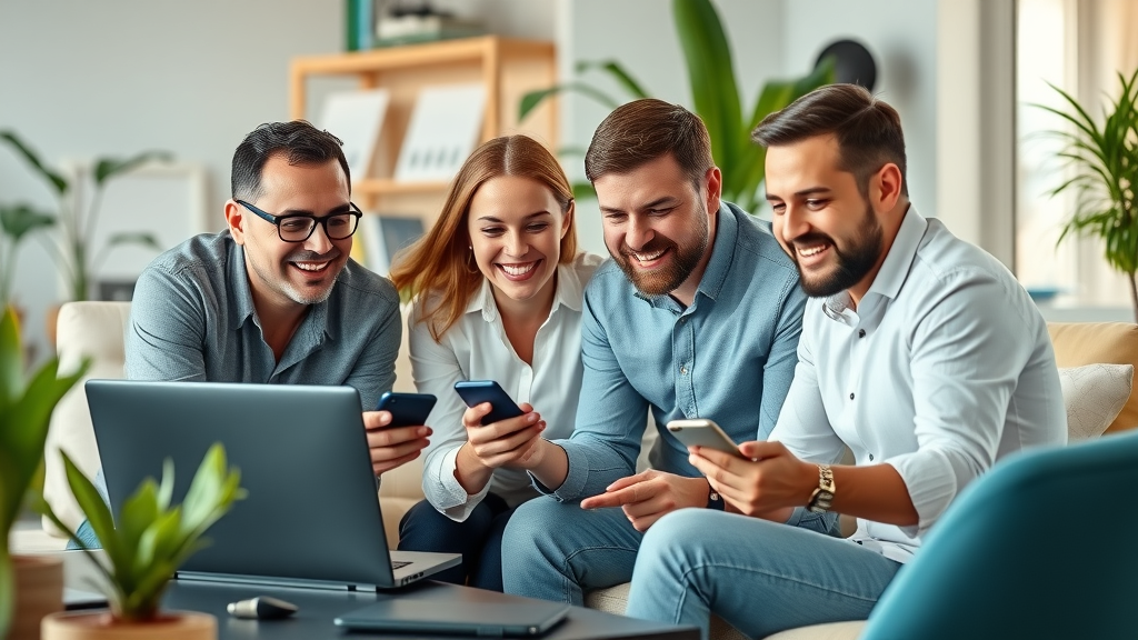 inspiring small business team in a casual meeting, planning digital marketing campaign, collaborative and optimistic, laptops and mobile devices, modern workspace