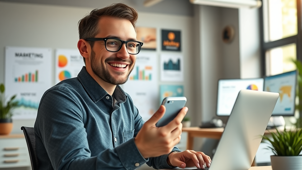 affordable marketing tools for small business in a modern workspace, entrepreneur using laptop and mobile, marketing dashboards on digital screens
