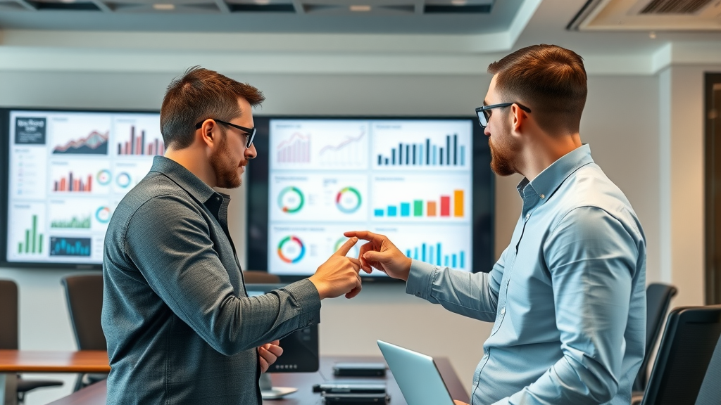 Marketing professionals reviewing content marketing case study results on digital dashboard in conference room