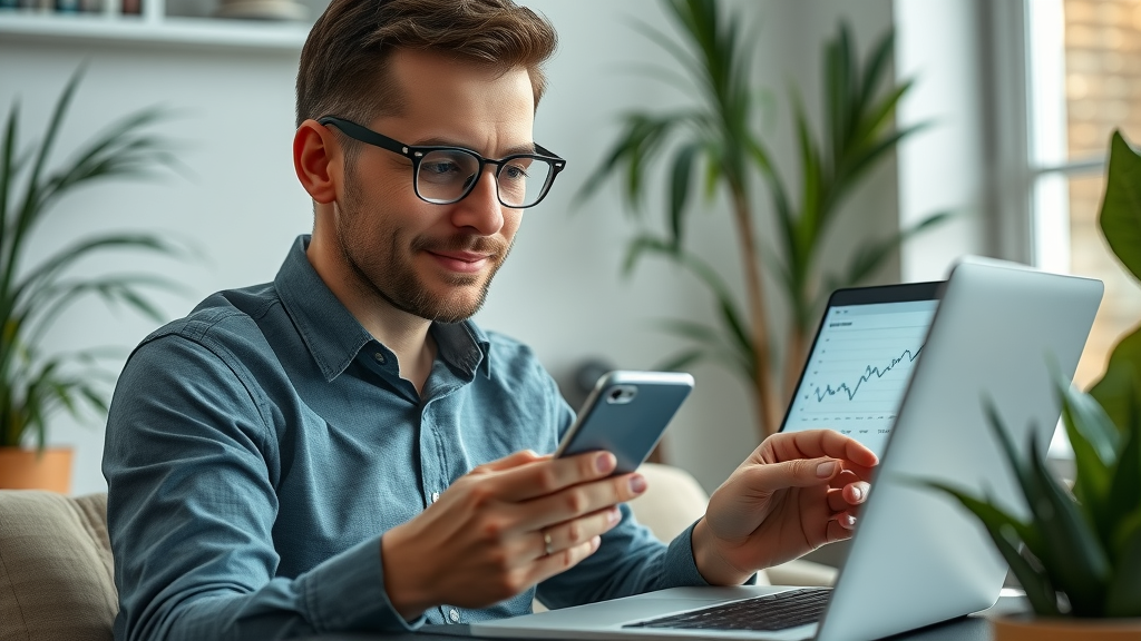 business owner using affordable email marketing tool and analyzing campaign metrics on laptop and smartphone at home office