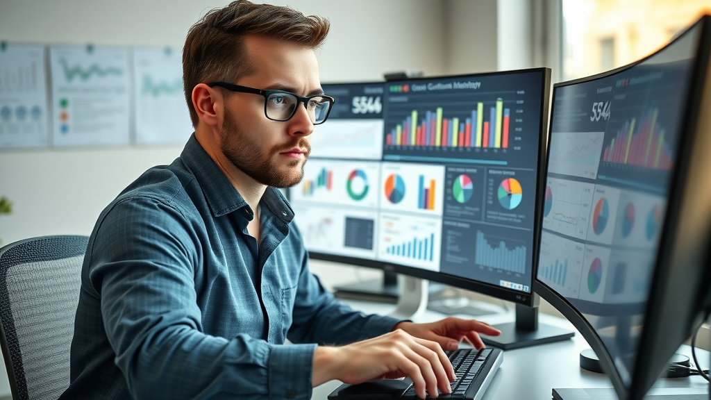 Professional content strategist analyzing content marketing data on dual screens in a modern workspace
