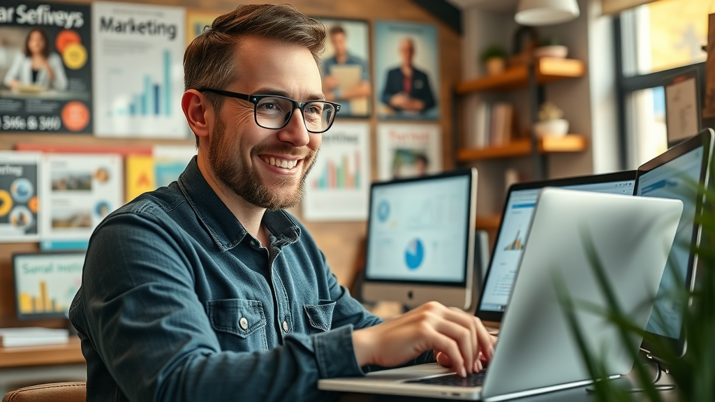 Small business owner reviewing digital marketing results