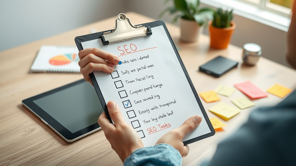 Professional SEO checklist for small business, with completed tasks and digital workspace