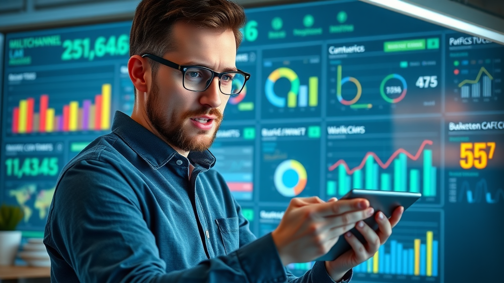creative multichannel marketing dashboard display, business owner analyzing metrics, digital workspace, colorful interface elements and metrics