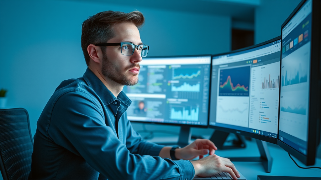 focused entrepreneur at a desk doing SEO keyword research, thoughtful, analyzing keywords on computer screen, SEO graphs and browser tabs