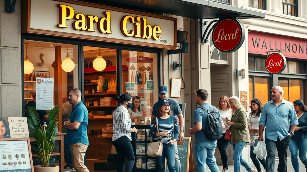vibrant local business storefront with welcoming staff, happy customers, bustling town square, local branding, local online marketing