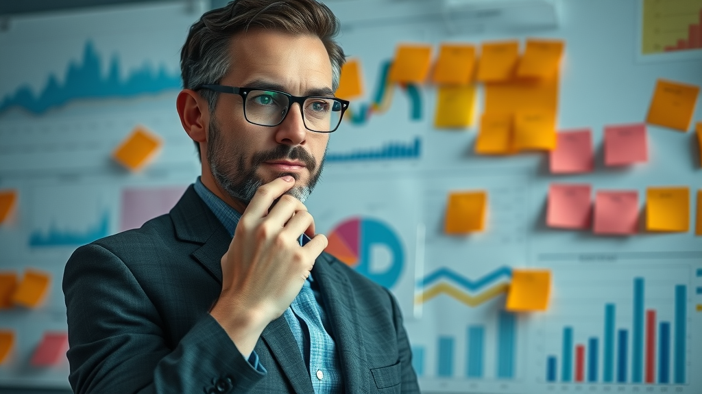 Confident marketing strategist calibrating content marketing strategy using graphs and sticky notes