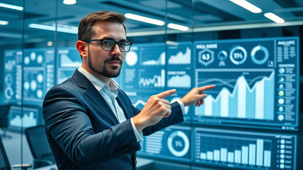 analytical marketing executive with social media analytics dashboard, KPIs and metrics for media marketing strategy