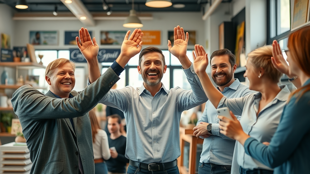 local business owner and team celebrating digital marketing results local online marketing