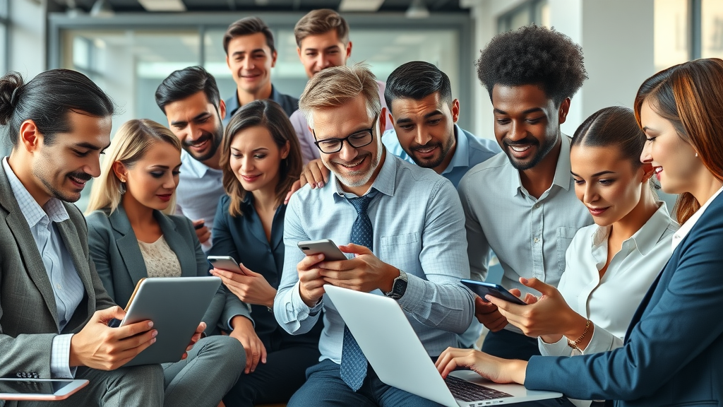 dynamic collage of diverse business professionals using various social media platforms, social media marketing strategies, photorealistic contemporary office setting