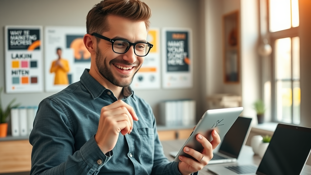 motivated small business owner ticking off digital marketing success checklist, cheerful, digital tablet, stylish office, visible progress checklist