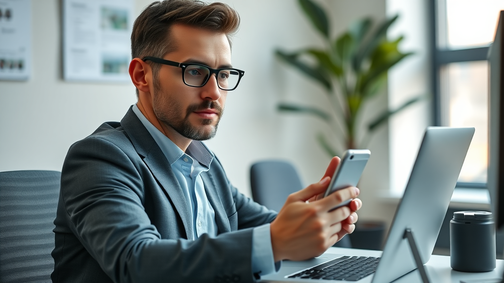 professional business owner updating online profiles on multiple devices, confident, laptop and phone, neat office desk, social media interfaces