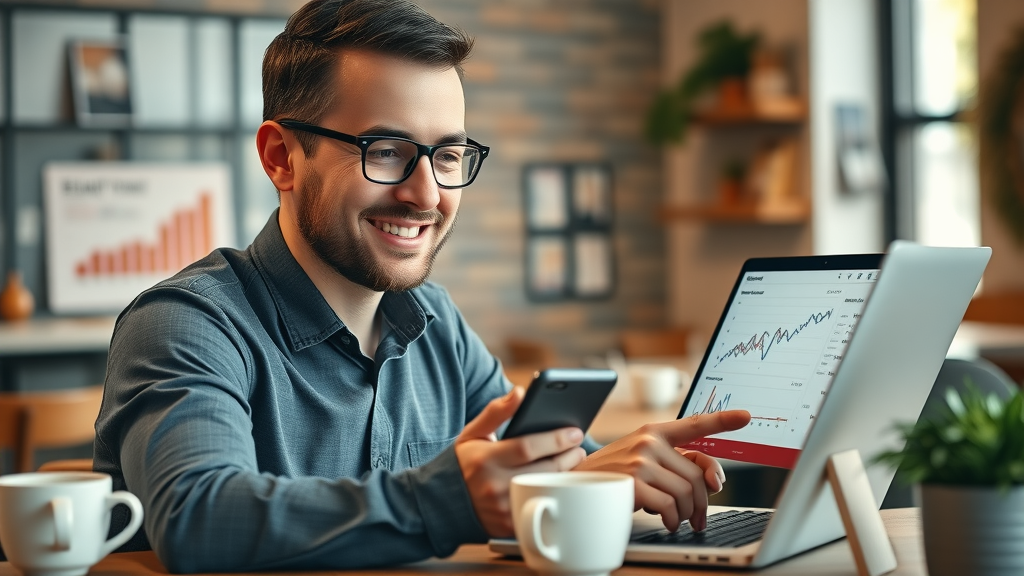 small business owner reviewing email marketing campaign results, pleased, analytics on laptop and mobile, cafe workspace, marketing charts
