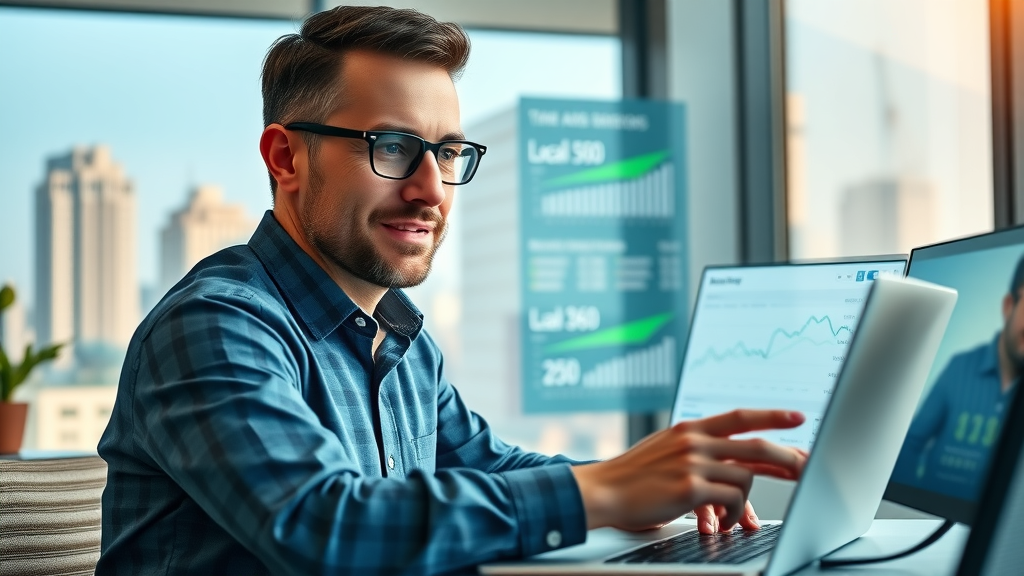 business owner analyzing local SEO statistics digital marketing dashboard local online marketing