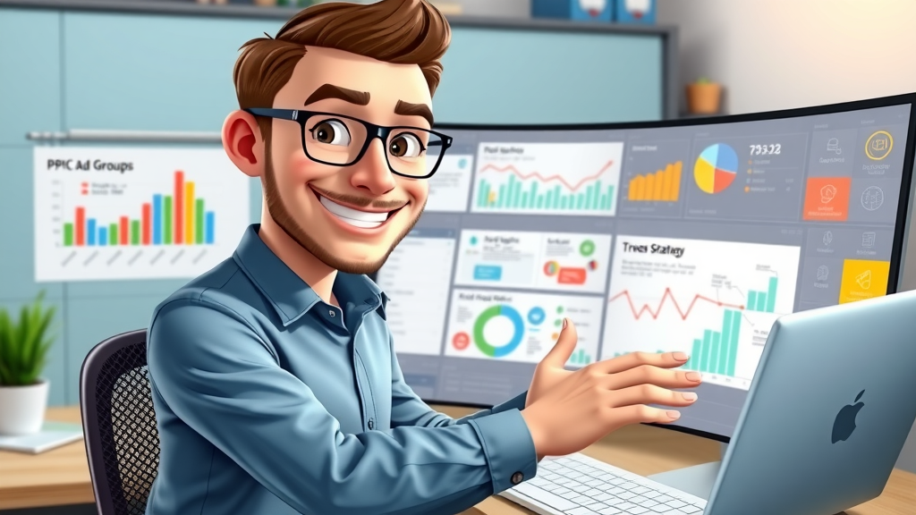 Organized digital marketer arranging PPC ad groups on a colorful digital dashboard