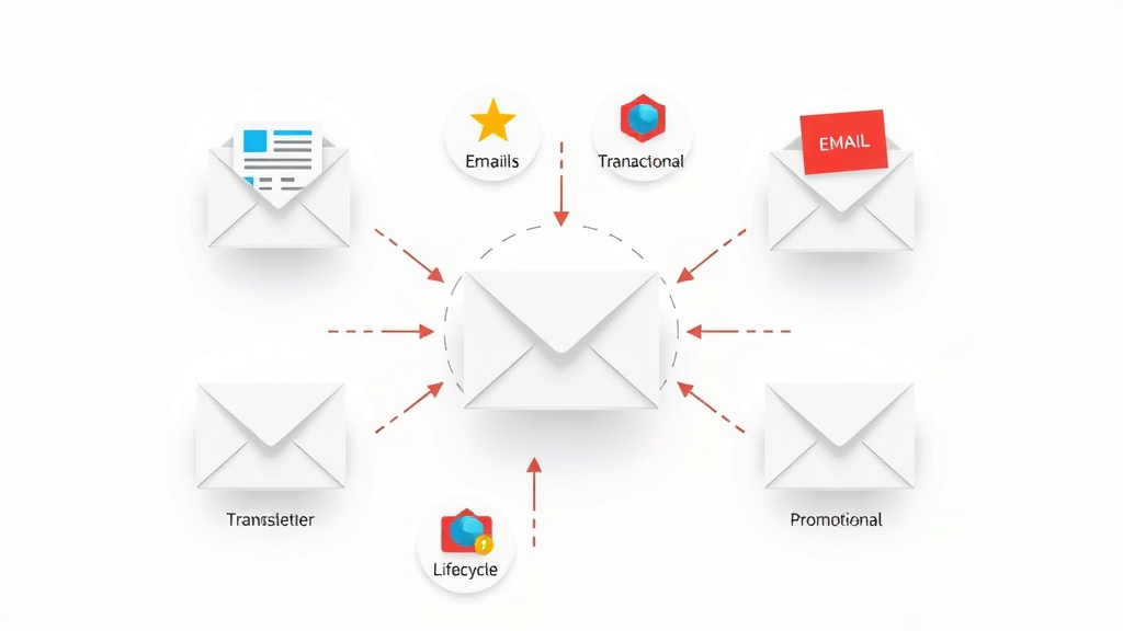 email marketing campaigns types infographic - newsletter, transactional, promotional, lifecycle icons connected