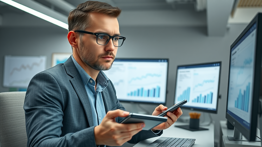 business owner analyzing marketing budget, decision-making, computer and calculator, spreadsheets, financial charts, budget icons and progress bars