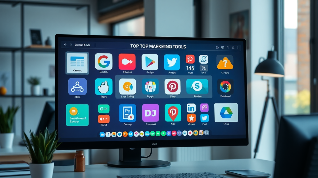 digital interface showing top marketing tools and apps, colorful icons for content, analytics, influencer, and SEO platforms, desktop monitor