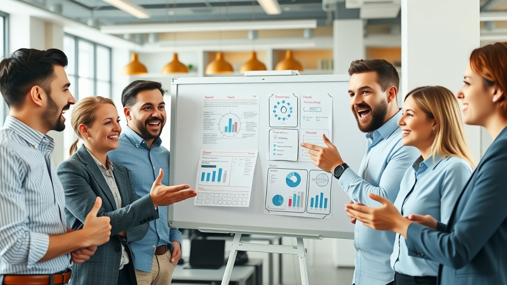 Excited business marketing team presenting content marketing ideas on a digital whiteboard in a bright modern office