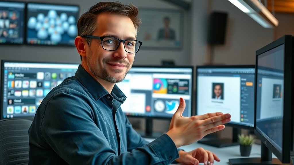 organized digital marketer using social media marketing tools to schedule media posts on vibrant monitors