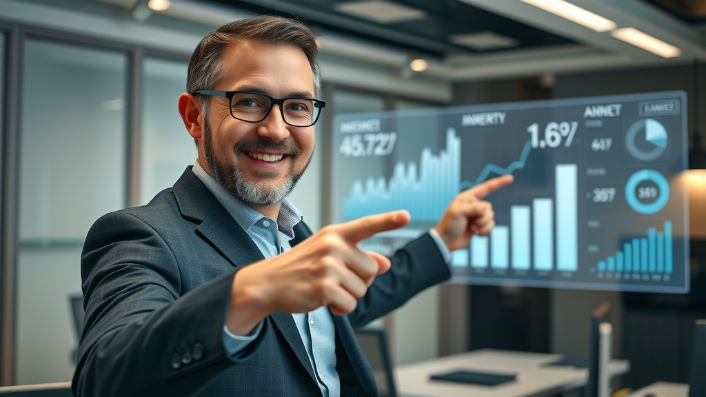 successful entrepreneur pointing to digital growth achievements using affordable marketing tools, high-tech office setting