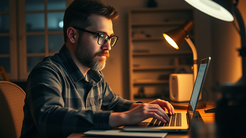 Visionary content marketer writing thought leadership blog post at night under warm lamp light