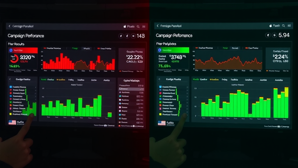 Comparison of two PPC campaign performance dashboards: before (low results) and after (high results) optimization with red and green color split