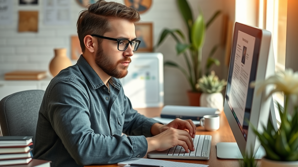 Content creator optimizing blog post with SEO tips for small business in modern workspace
