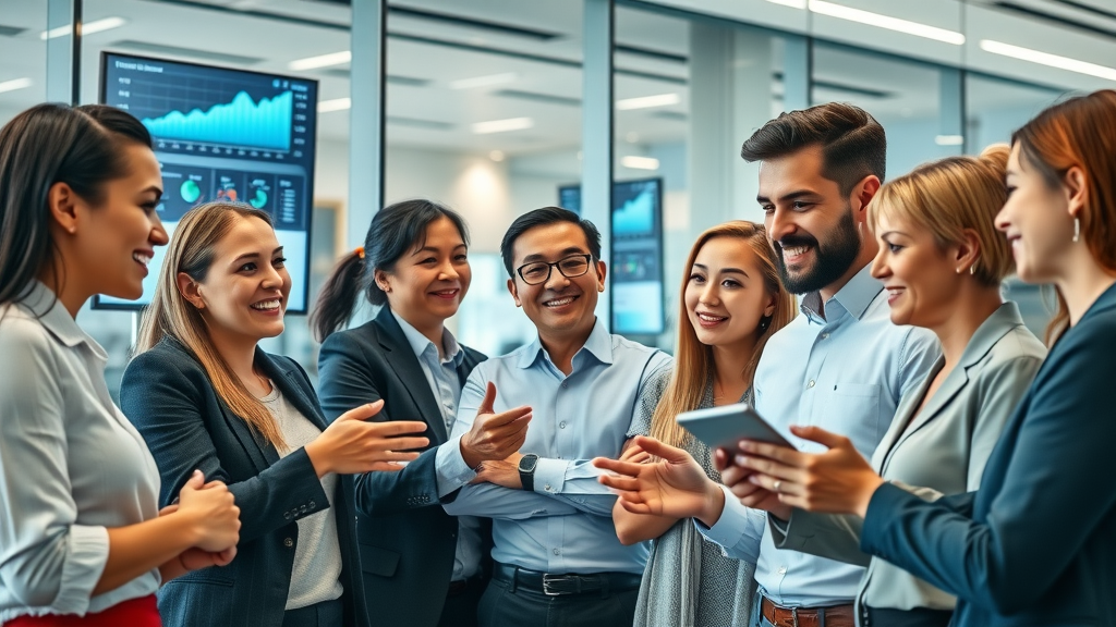 vibrant business team collaborating in modern office using digital devices, customer engagement techniques