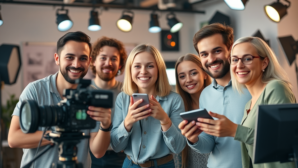 Smiling content creator team filming a software tutorial video in a modern creative studio