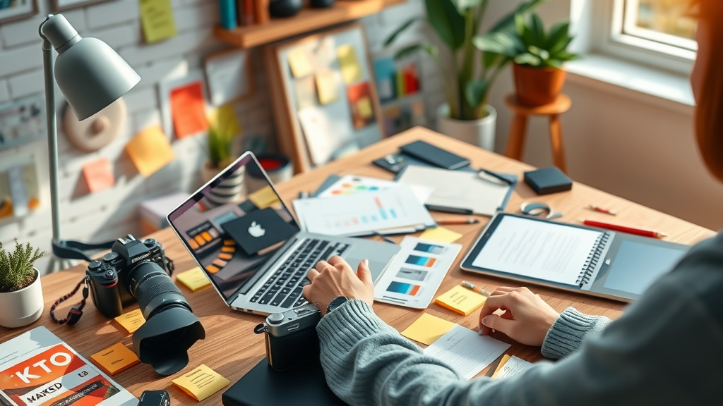 modern workspace with content creation tools, writer typing on a laptop, desktop with marketing notes, tablet, digital content icons
